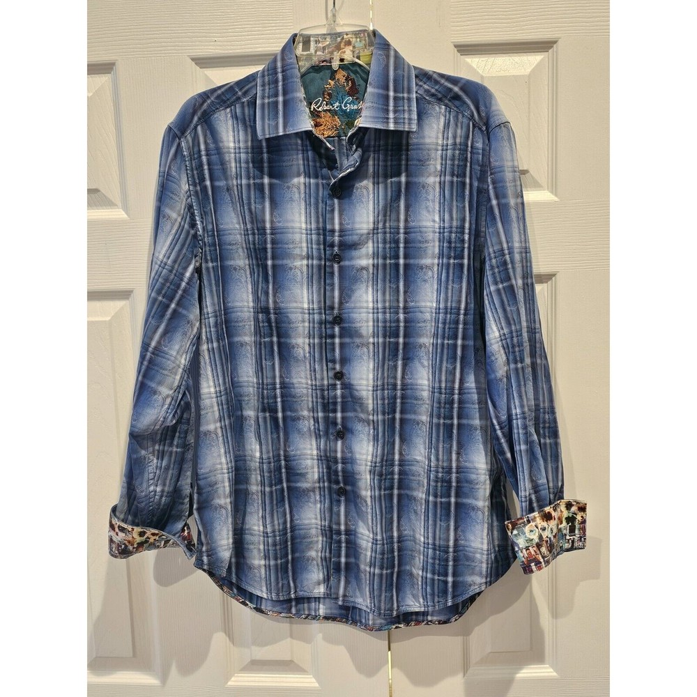 Robert Graham Blue Plaid Paisley Print Men's Dress Shirt Large